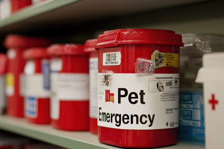 First aid kit labeled "Pet Emergency" on a shelf.の写真素材