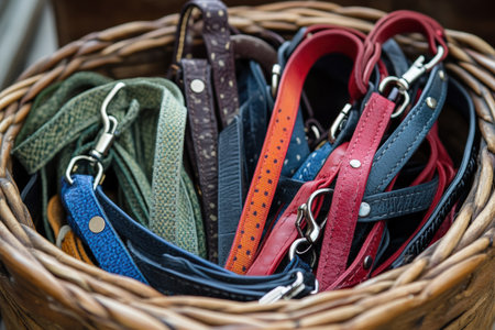 A basket of pet collars and leashes ready for adoption day.