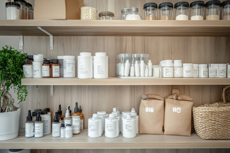 A clean and organized pet pharmacy shelf with labeled medicine bottles.