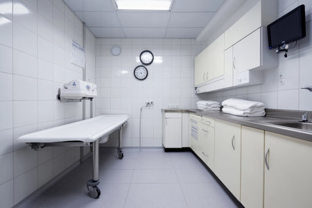 veterinary office. A clean pet examination room with a sink and storage cabinets.の写真素材