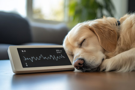 A digital pet health monitor displaying heart rate and temperature. Dog.の写真素材