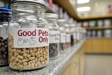 A dog treat jar labeled "Good Pets Only" on a veterinary counter.の写真素材