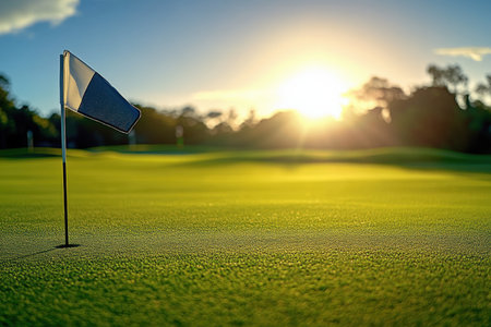 A golf hole flag blowing in the wind on a sunlit fairway. created by ai.