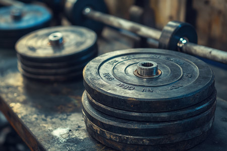 A gym weightlifting bar loaded with heavy plates. Created by aiの写真素材
