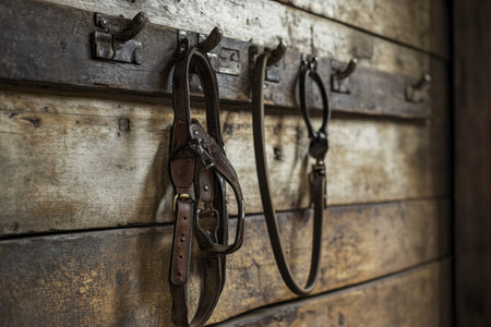 A horse bridle hanging neatly on a stable wall. Created by ai.の写真素材