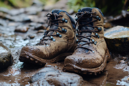 Rough hiking boots on rocky stones in mountains. Climbing uphill.