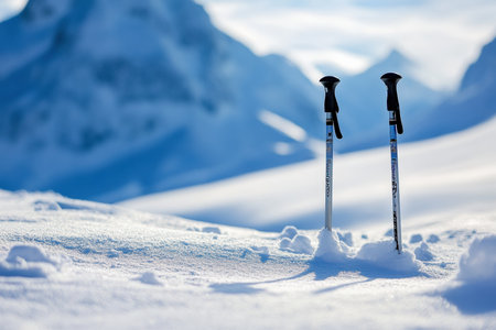A pair of ski poles stuck upright in the snow. Free copy space. Created by ai.の写真素材