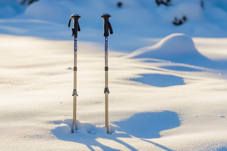 A pair of ski poles stuck upright in the snow. Free copy space. Created by ai.の写真素材