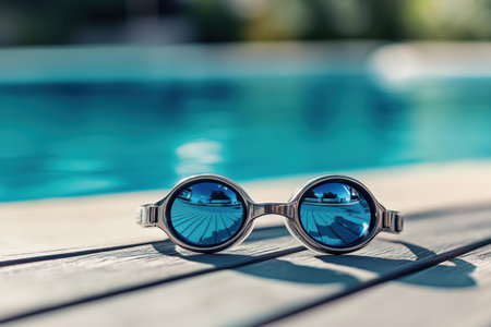 A pair of swimming goggles placed on a poolside deck. Created by ai.の写真素材