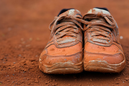 tennis shoes covered in red clay dust.の写真素材