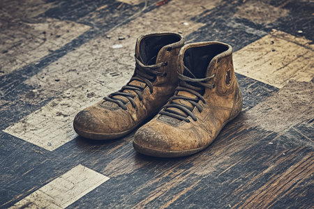 wrestling shoes on a worn gym mat. created by aiの写真素材