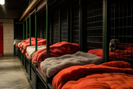 A row of kennels with clean blankets and pet beds. animal shelter.の写真素材