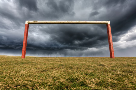 A rugby goal post viewed from the field with stormy skies above