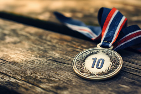 A running bib and finishers medal displayed on a wooden tableの写真素材
