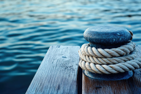 A sailing rope tied to a boat cleat on a wooden dock. Free copy space.