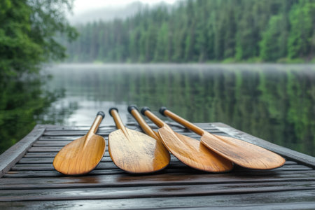 A set of canoe paddles stacked on a lakeside dock. near lake.の写真素材