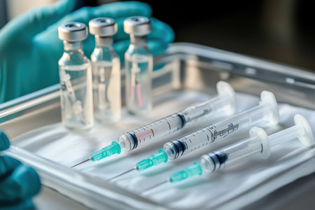 Syringes and medical gloves on a sterile tray.の写真素材