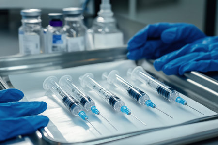 Syringes and medical gloves on a sterile tray.