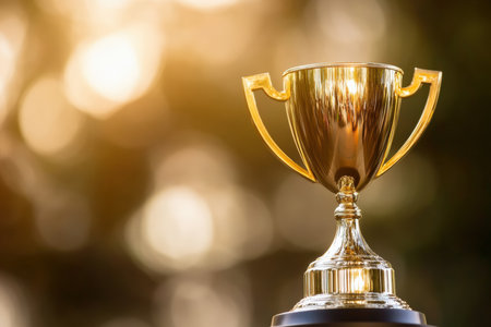 shiny gold trophy on a winners podium. free copy space.の写真素材