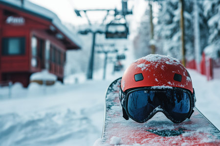 A snowboard and helmet resting at the base of a ski lift.の写真素材