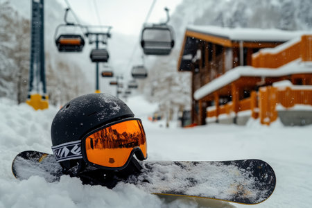 A snowboard and helmet resting at the base of a ski lift.の写真素材