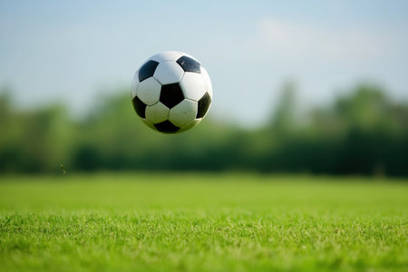 A soccer ball kicked up in mid-air with a grassy field background.の写真素材