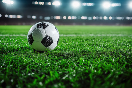 soccer ball on freshly cut grass under stadium lights.の写真素材