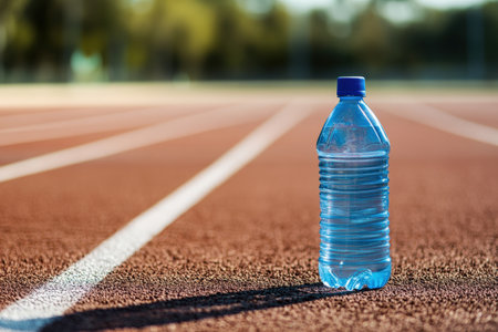 A sports water bottle placed on an outdoor running track.の写真素材