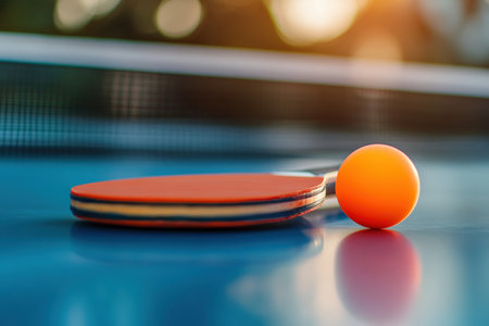 A table tennis paddle and ball on a tournament table.の写真素材