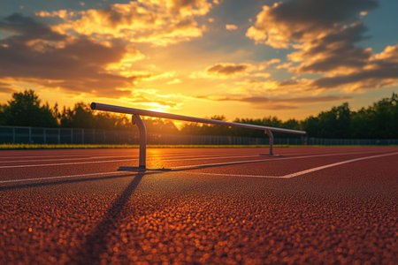 A track hurdle placed on a running lane at sunrise.の写真素材