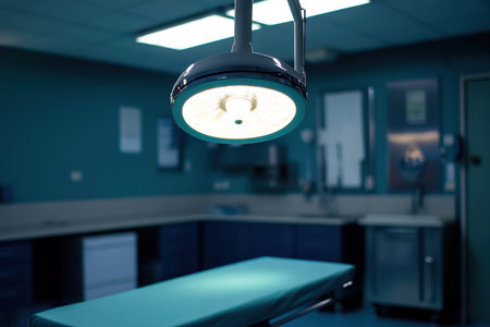 A veterinary examination light hanging over a treatment table.の写真素材