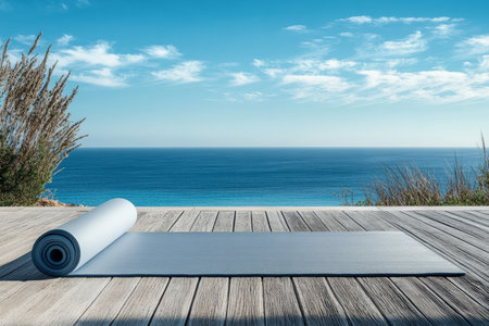 A yoga mat rolled out on a wooden deck facing the ocean.の写真素材
