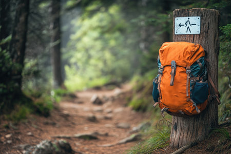 A trail backpack placed next to a trail sign.の写真素材