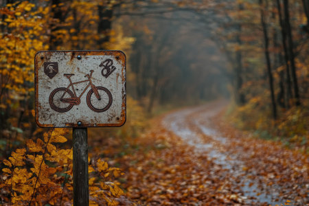 A trail sign with biking symbols surrounded by autumn leaves.の写真素材