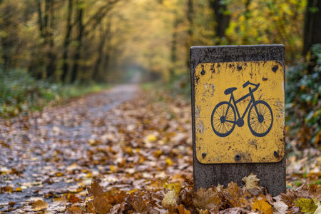 A trail sign with biking symbols surrounded by autumn leaves.の写真素材