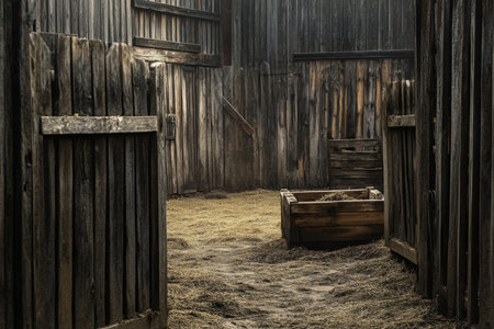 A barnyard with wooden fences and a rustic feed trough.