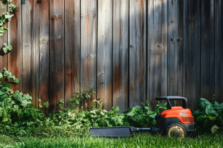 A battery-powered lawn trimmer cutting grass near a wooden fence.の写真素材
