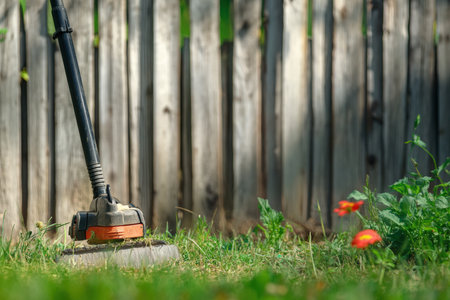 A battery-powered lawn trimmer cutting grass near a wooden fence.の写真素材