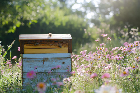 A beehive box in a sunny flower-filled meadow.
