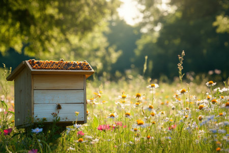 A beehive box in a sunny flower-filled meadow.の写真素材