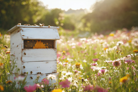 A beehive box in a sunny flower-filled meadow.