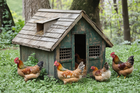 A chicken coop surrounded by free-range hens in a grassy area.の写真素材