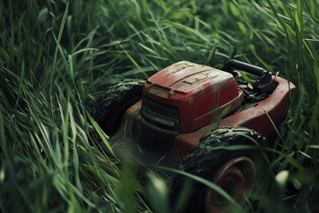 A classic push mower slicing through tall green grass.