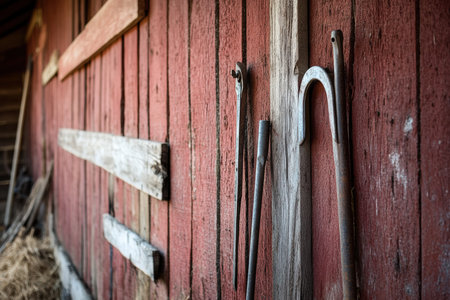 A close-up of farm tools resting against a wooden barn wall.の写真素材