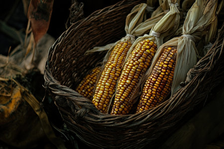A close-up of freshly harvested corn cobs in a wicker basket.