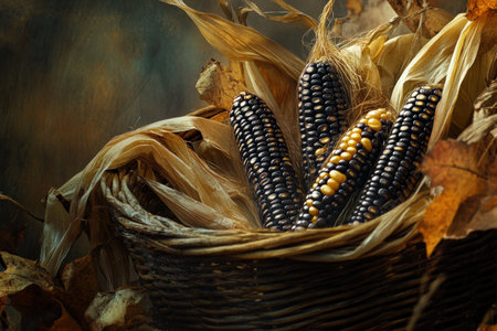 A close-up of freshly harvested corn cobs in a wicker basket.の写真素材
