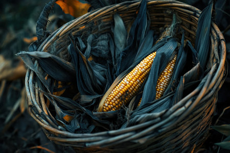 A close-up of freshly harvested corn cobs in a wicker basket.の写真素材