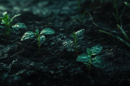 Freshly planted seedlings in moist, dark soil.の写真素材