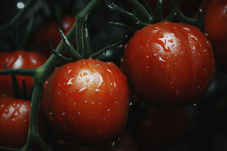 A close-up of ripe tomatoes on the vine in a greenhouse.