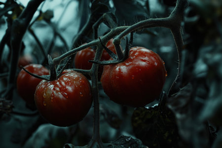 A close-up of ripe tomatoes on the vine in a greenhouse.の写真素材